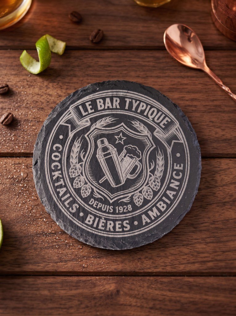 Dessous de verre rond en ardoise, gravé au laser.